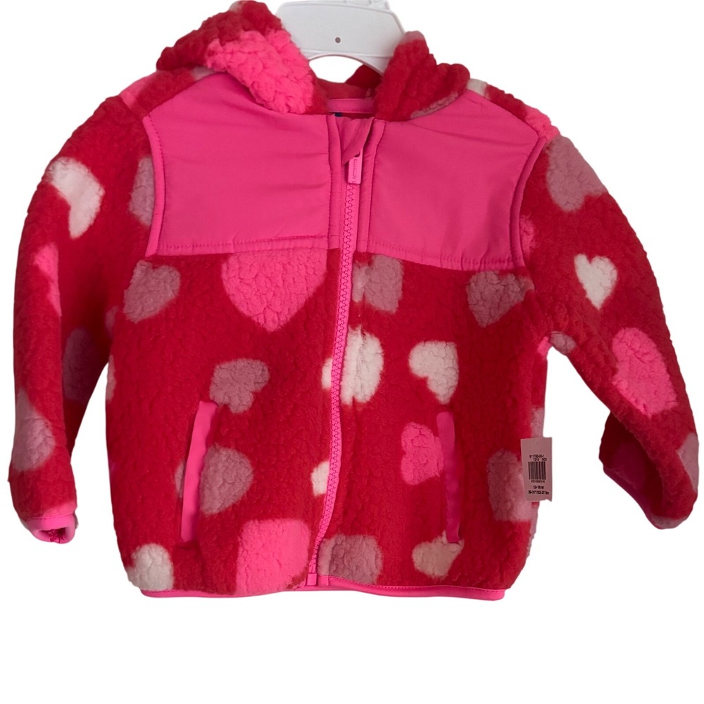 Old Navy Toddler Girl‎ Fleece Jacket Red Pink Hearts Hooded Full Zip 12-18 M NEW